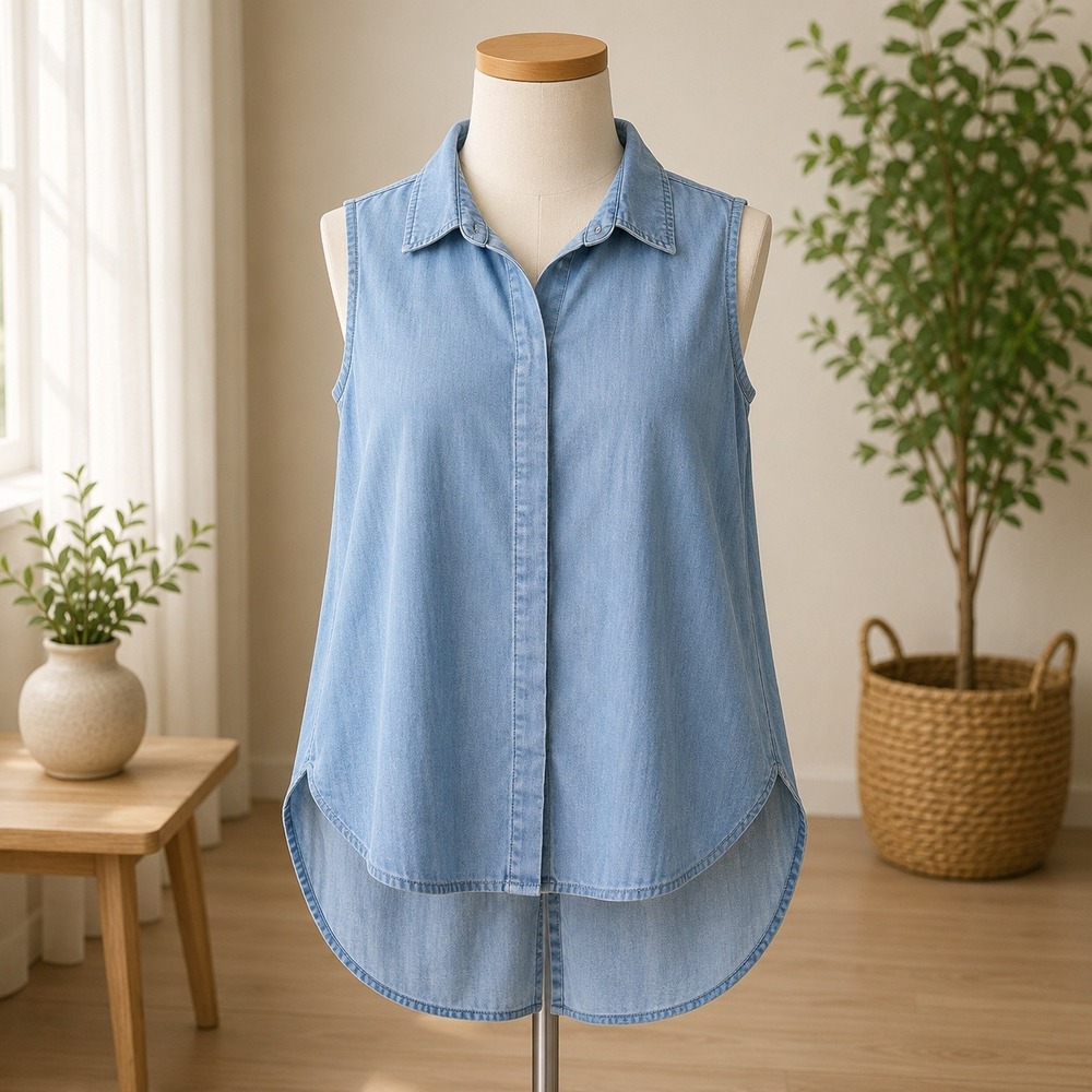 NWT DR2‎ Sleeveless Chambray Top Womens Medium Blue Button Back High Low Hem